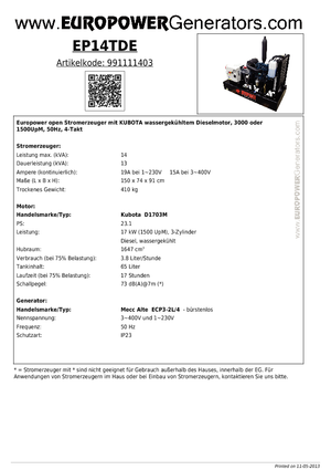 Dizel Jeneratörler Europower EP14TDE (MA)