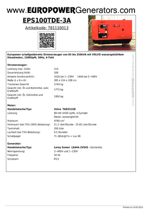 Diesel Power Generators Europower EPS100TDE-3A (LS)