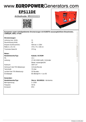 Dizel Jeneratörler Europower EPS11DE (S)