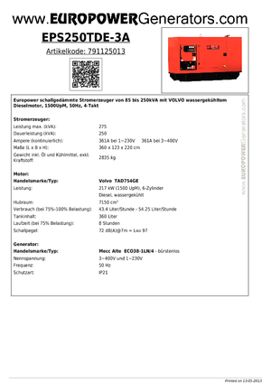 Diesel Power Generators Europower EPS250TDE-3A (MA)