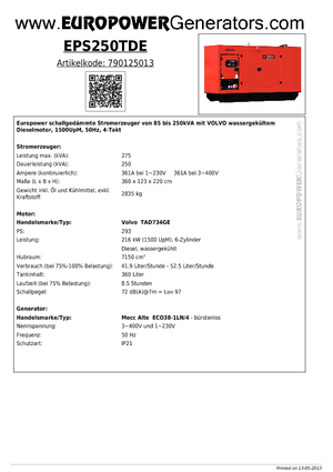 Diesel Power Generators Europower EPS250TDE (MA)