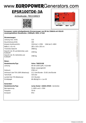 Diesel Power Generators Europower EPSR100TDE-3A (LS)