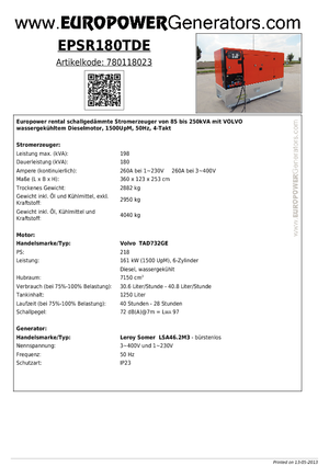 Diesel Power Generators Europower EPSR180TDE (LS)