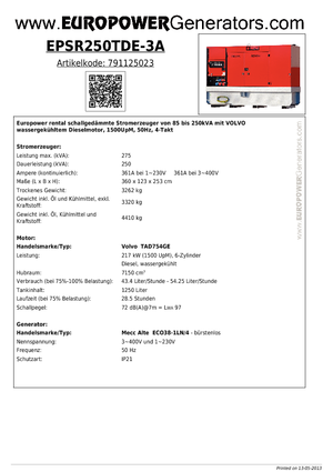 Diesel Power Generators Europower EPSR250TDE-3A (MA)