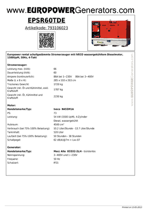 Diesel Power Generators Europower EPSR60TDE (MA)
