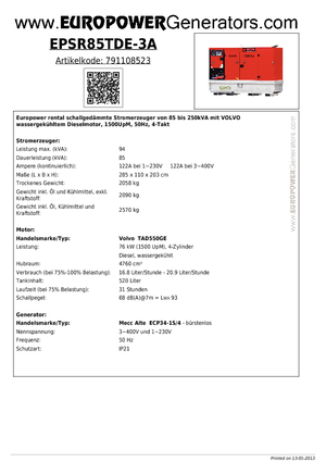 Diesel Power Generators Europower EPSR85TDE-3A (MA)