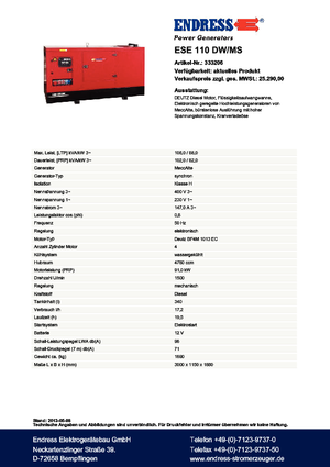 Dizel Jeneratörler Endress ESE 110 DW-MS