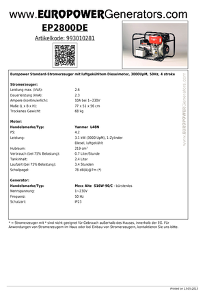 Diesel Power Generators Europower EP2800DE (MA)