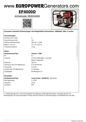 Dizel Jeneratörler Europower EP 4000 D (LS)