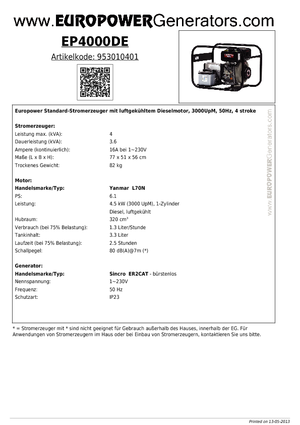 Diesel Power Generators Europower EP4000DE (S)