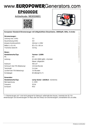 Dizel Jeneratörler Europower EP 6000 DE (LS)