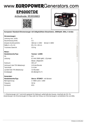 Diesel Power Generators Europower EP6000TDE (S)