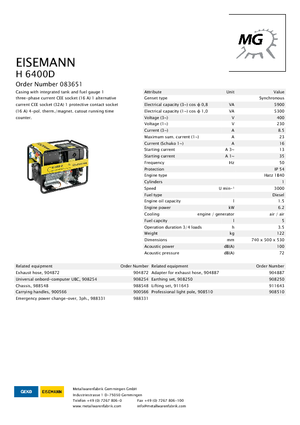 Dizel Jeneratörler Eisemann H 6400 D