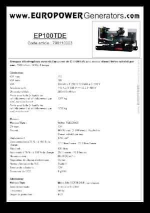 Dizel Jeneratörler Europower EP100TDE (MA)