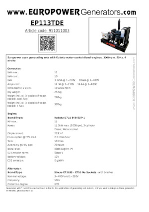Diesel Power Generators Europower EP113TDE (S)