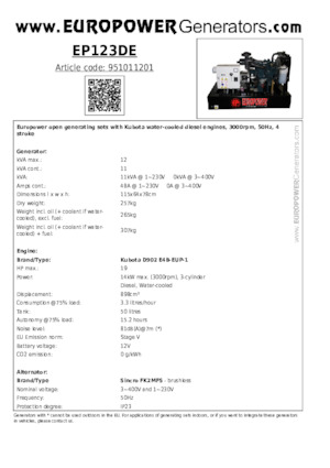 Dizel Jeneratörler Europower EP123DE (S)