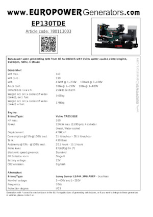 Diesel Power Generators Europower EP130TDE (LS)