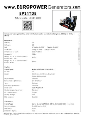 Diesel Power Generators Europower EP14TDE (LS)