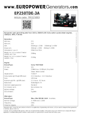 Diesel Power Generators Europower EP250TDE-3A (MA)