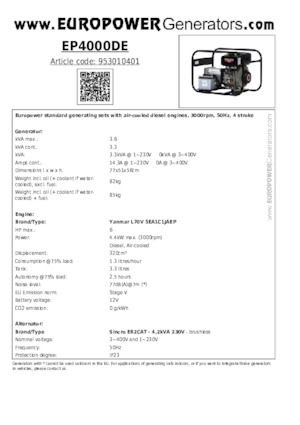 Diesel Power Generators Europower EP4000DE (S)