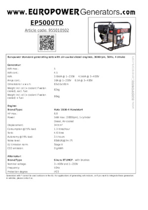 Diesel Power Generators Europower EP5000TD (S)