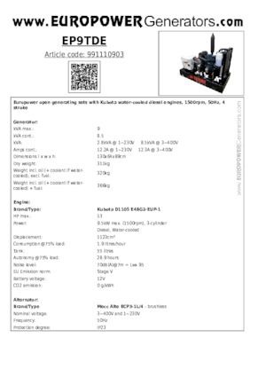 Diesel Power Generators Europower EP9TDE (MA)