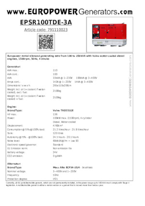 Dizel Jeneratörler Europower EPSR100TDE-3A (MA)
