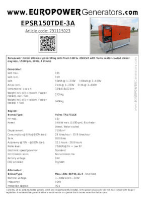 Diesel Power Generators Europower EPSR150TDE-3A (MA)