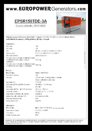 Diesel Power Generators Europower EPSR150TDE-3A (MA)