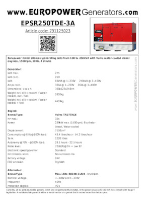 Diesel Power Generators Europower EPSR250TDE-3A (MA)