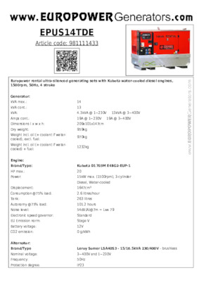 Dizel Jeneratörler Europower EPUS14TDE (LS)