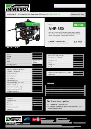 Gasoline Power Generators INMESOL AHR-850-E