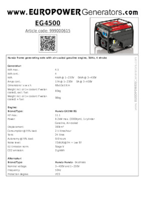 Gasoline Power Generators Europower EG4500