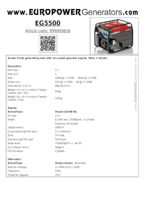 Gasoline Power Generators Europower EG5500
