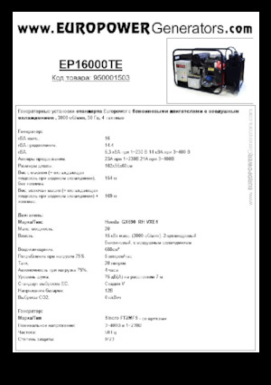 Gasoline Power Generators Europower EP16000TE (S)