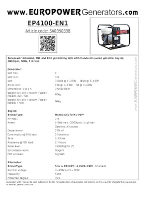 Benzinli Jeneratörler Europower EP4100-EN1 (S)