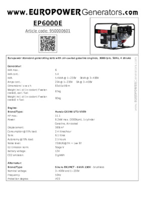 Gasoline Power Generators Europower EP6000E (S)