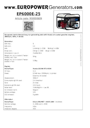 Benzinli Jeneratörler Europower EP6000E-25 (S)