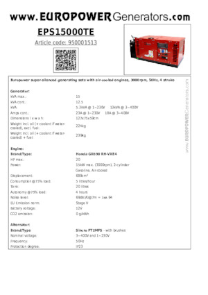 Gasoline Power Generators Europower EPS15000TE (S)