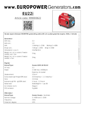 Gasoline Power Generators Europower EU22i