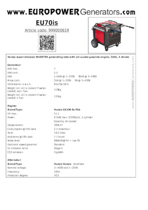 Benzinli Jeneratörler Europower EU70is
