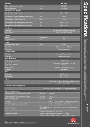 Büyük kare balyalayıcı + yüksek yoğunluklu balya makineleri Massey Ferguson MF 2140 SP