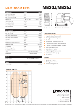 Single Vertical Mast Boom Lifts Snorkel MB26J
