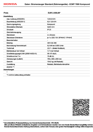 Gasoline Power Generators Honda ECMT 7000