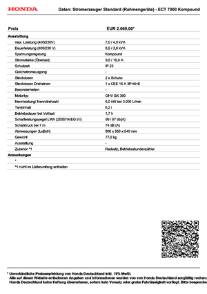 Gasoline Power Generators Honda ECT 7000