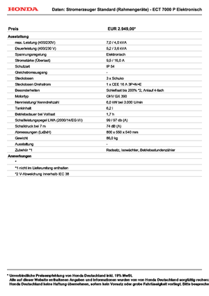 Gasoline Power Generators Honda ECT 7000 P