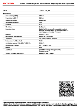 Gasoline Power Generators Honda EG 3600