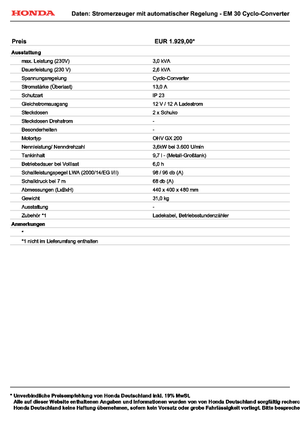 Gasoline Power Generators Honda EM 30