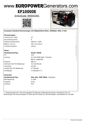 Gasoline Power Generators Europower EP10000E (MA)