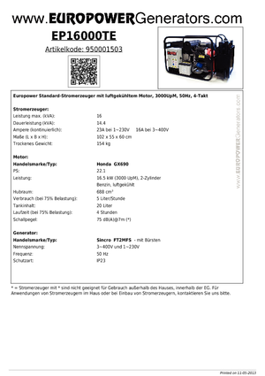 Gasoline Power Generators Europower EP16000TE (S)